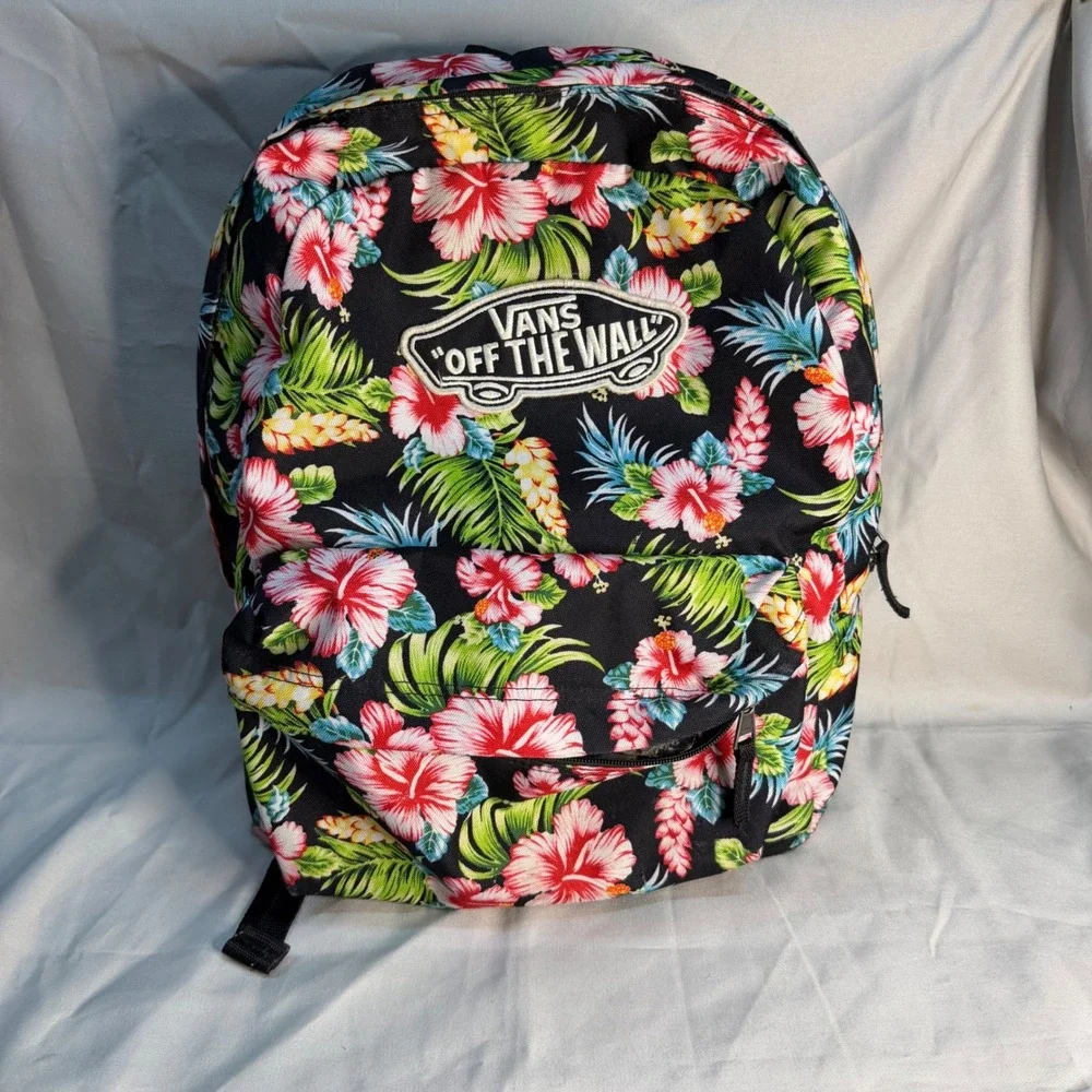 Vans Off The Wall Backpack Tropical Floral Hibiscus Print Black School Bag